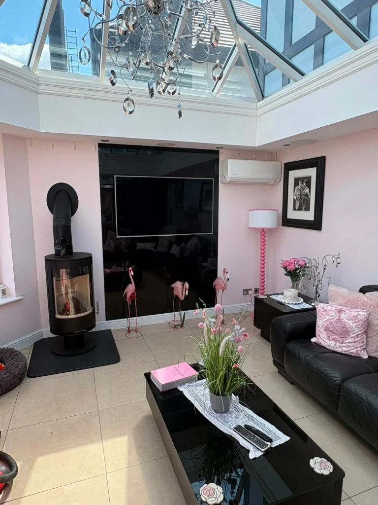 Open-plan orangery in Wordsley with wall-mounted air conditioning installed by Crystal Cooling