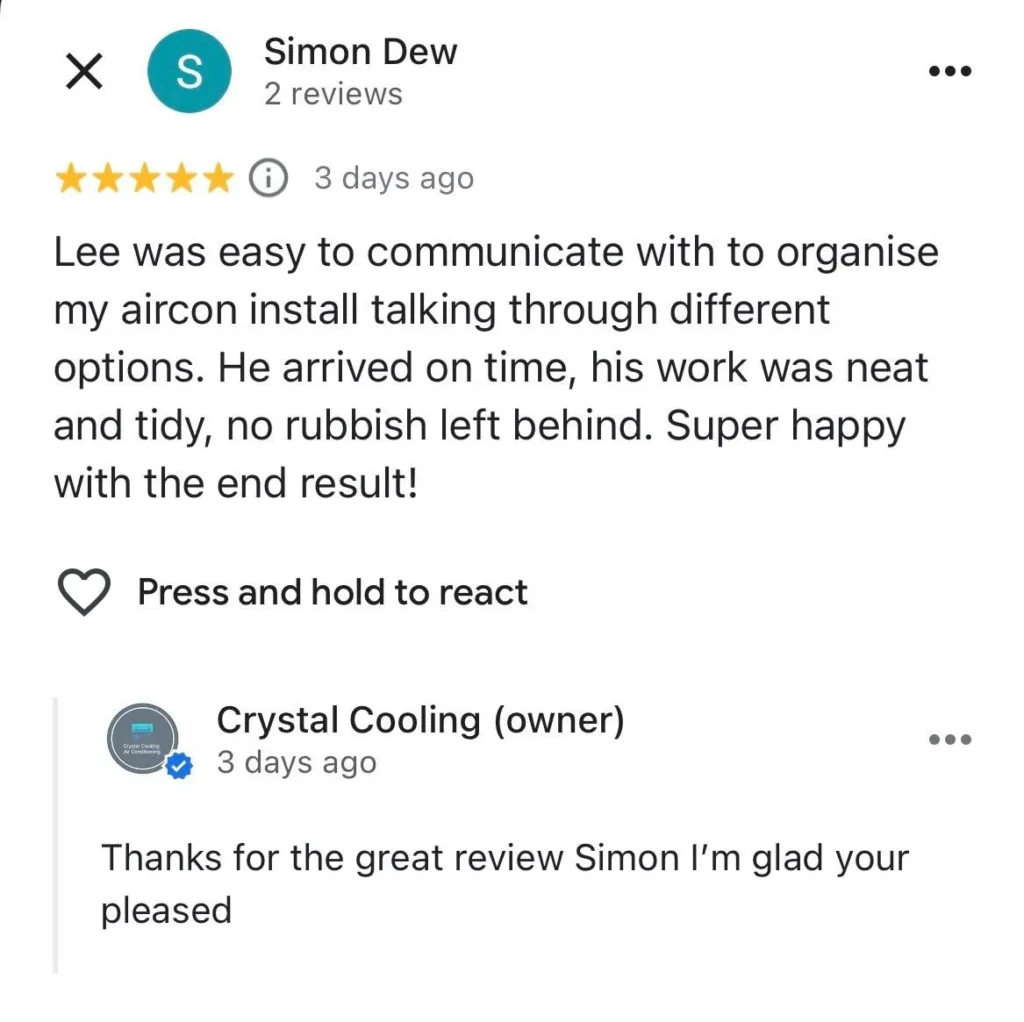 Five-star Google review for Crystal Cooling following an air conditioning installation in Warwick