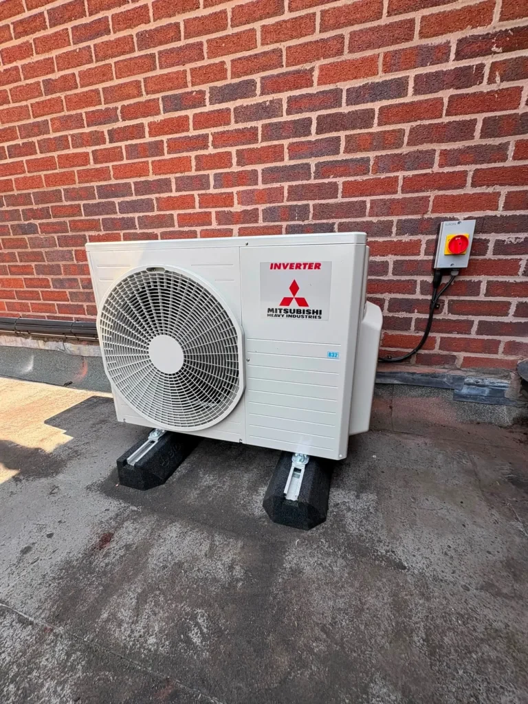 Mitsubishi 5kW outdoor air conditioning condenser for a two-room installation in Stourbridge