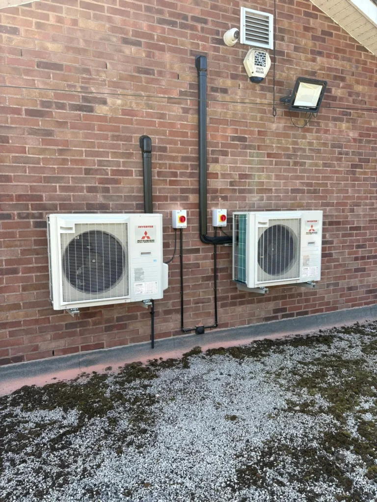 Mitsubishi air conditioning condensers installed at Marston Green Cricket Club