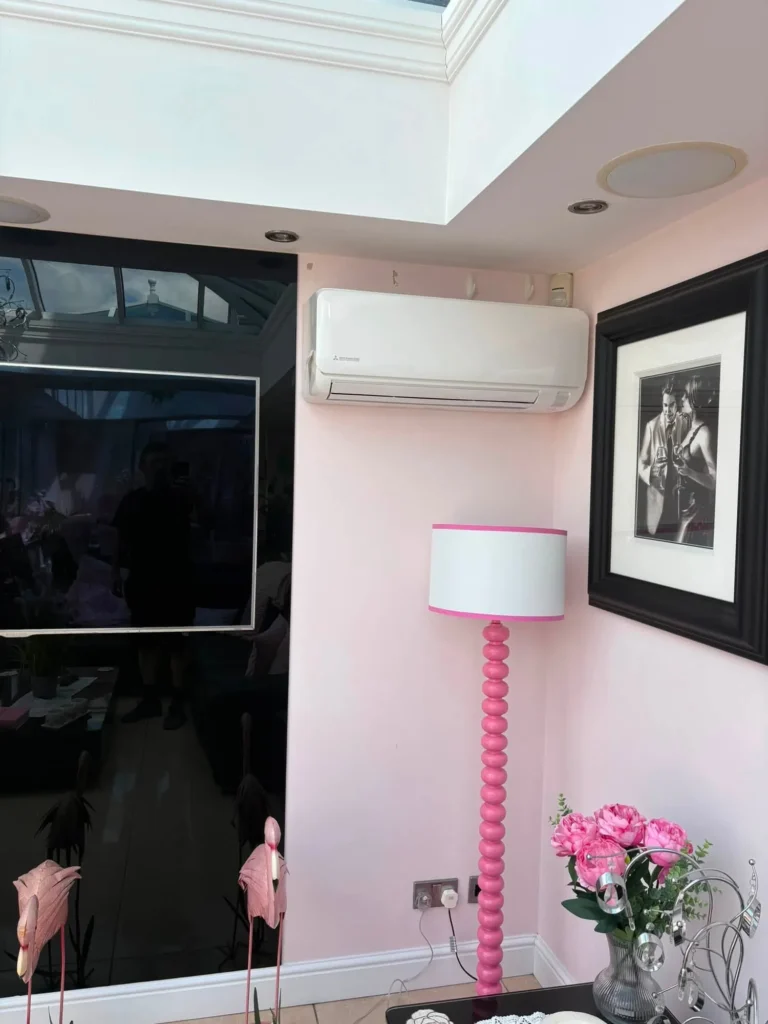 Mitsubishi wall-mounted air conditioning unit installed in the open-plan kitchen and orangery in Wordsley