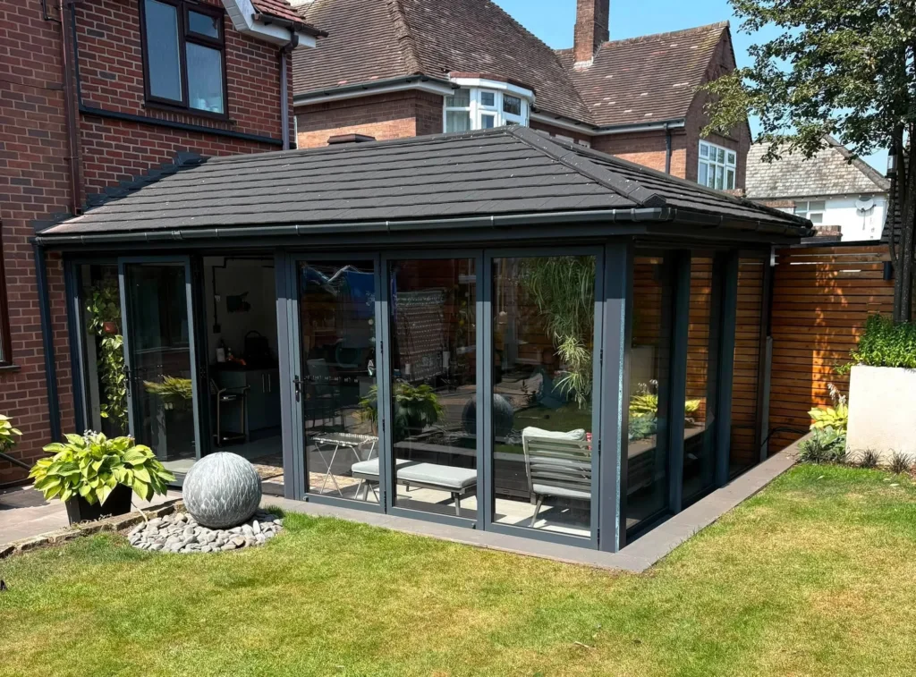 Exterior view of a glazed garden room at a Stourbridge home fitted with air conditioning