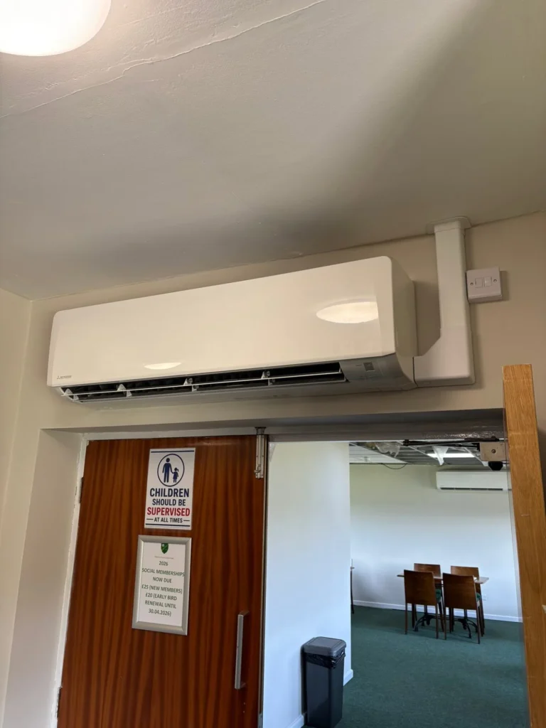 Wall mounted Mitsubishi air conditioning unit at Marston Green Cricket Club